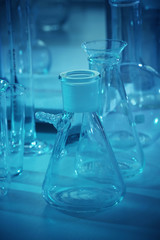 Laboratory glassware on table closeup