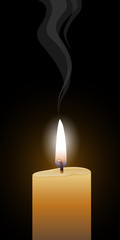 Candle Burning is an illustration of a single burning candle with glowing flame and a black background.
