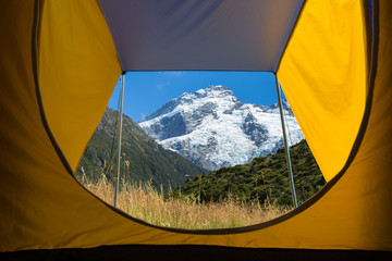 view from inside the tent to Mount Cook