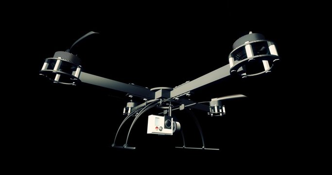 A looping 3D Animation of a drone (quadcopter) flying forward with attached camera.  The clip has an alpha channel, realistic movement and motion blur.
