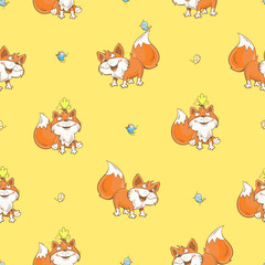 Seamless pattern with funny cartoon  foxes, birds  and butterflies on  yellow background. Vector image.