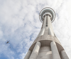 Auckland sky tower from below view with model bungee jumping aga