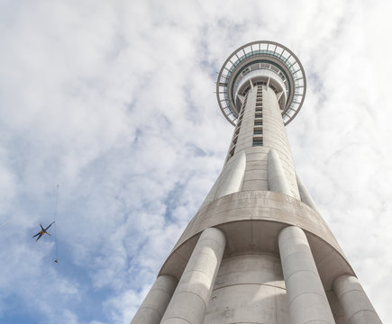 Auckland Sky Tower From Below View With Model Bungee Jumping Aga