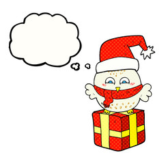 thought bubble cartoon cute christmas owl on gift