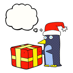thought bubble cartoon christmas penguin with present