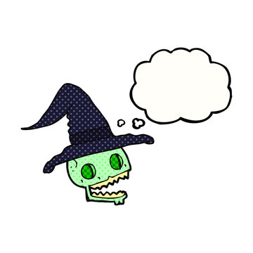 thought bubble cartoon skull wearing witch hat