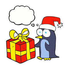 thought bubble cartoon christmas penguin with present