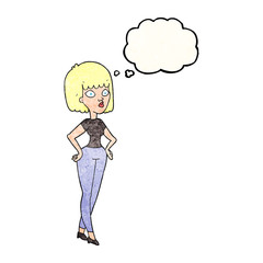 thought bubble textured cartoon woman with hands on hips