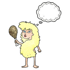 thought bubble textured cartoon cavewoman with meat