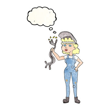 thought bubble textured cartoon electrician woman