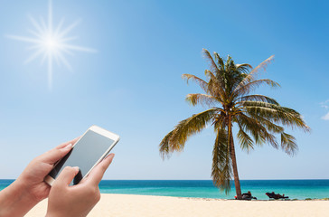 Women using smartphone on the beach