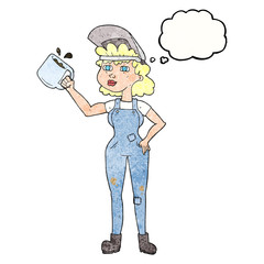 thought bubble textured cartoon woman in dungarees