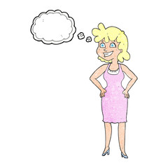 thought bubble textured cartoon happy woman wearing dress