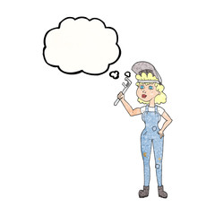 thought bubble textured cartoon capable woman with wrench