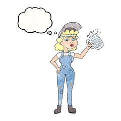 thought bubble textured cartoon hard working woman with beer