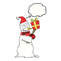 thought bubble textured cartoon snowman holding present