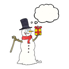 thought bubble textured cartoon snowman holding present