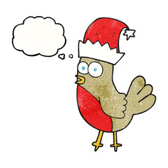 thought bubble textured cartoon robin in christmas hat