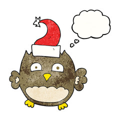 thought bubble textured cartoon owl wearing christmas hat