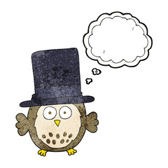 thought bubble textured cartoon owl wearing top hat
