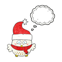 thought bubble textured cartoon owl wearing christmas hat