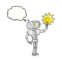 thought bubble textured cartoon robot with light bulb