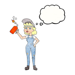 thought bubble textured cartoon woman welding