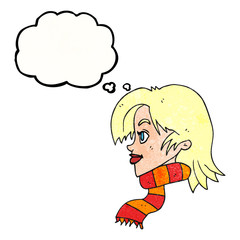 thought bubble textured cartoon woman wearing scarf