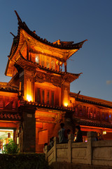 Night view of traditional Chinese wooden building, Lijiang