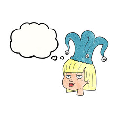 thought bubble textured cartoon woman wearing jester hat