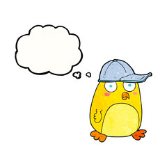 thought bubble textured cartoon bird in cap