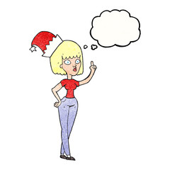 thought bubble textured cartoon woman wearing christmas hat