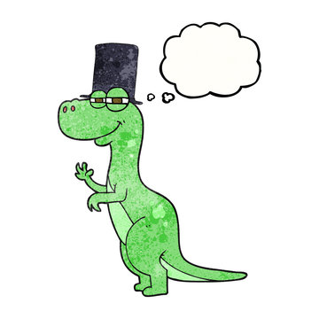 thought bubble textured cartoon dinosaur wearing top hat