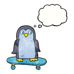 thought bubble textured cartoon penguin riding skateboard