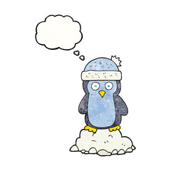thought bubble textured cartoon penguin wearing hat