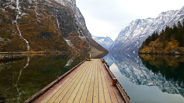 view from Gudvangen village towards fjord, Norway 