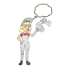 thought bubble textured cartoon hard working woman with beer