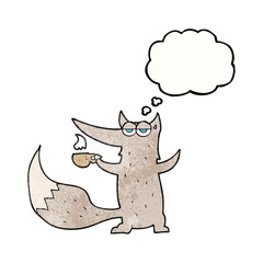 thought bubble textured cartoon wolf with coffee cup