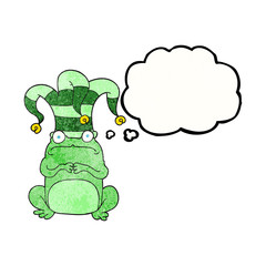 thought bubble textured cartoon nervous frog wearing jester hat