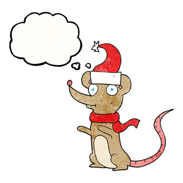 thought bubble textured cartoon mouse wearing christmas hat