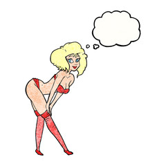 thought bubble textured cartoon pin up girl putting on stockings