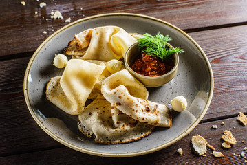 pancakes with red caviar