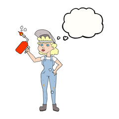 thought bubble cartoon woman welding