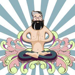 Young smiling man meditating in a yoga lotus pose on psichedelic background. Vector illustration of cards for design kundalini yoga.