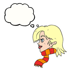 thought bubble cartoon woman wearing scarf