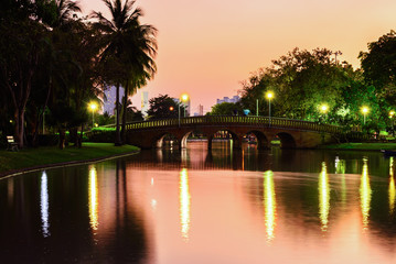 Urban lake and bridge with reflection at night in summer.