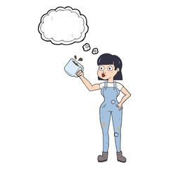 thought bubble cartoon female worker with coffee mug
