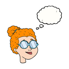 thought bubble cartoon woman wearing spectacles