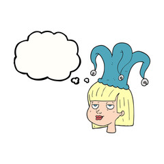 thought bubble cartoon woman wearing jester hat