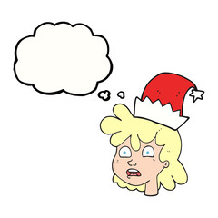 thought bubble cartoon woman wearing christmas hat